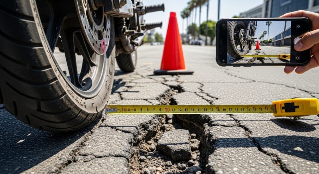 Evidence for a motorcycle road hazard claim after a pothole crash