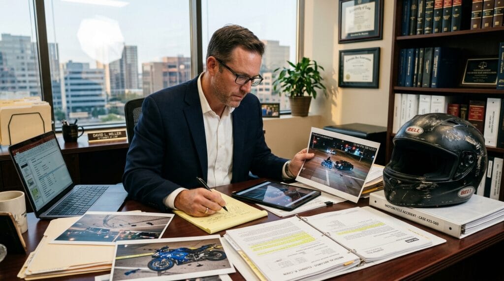 Attorney reviewing evidence after a speeding motorcycle accident in Los Angeles