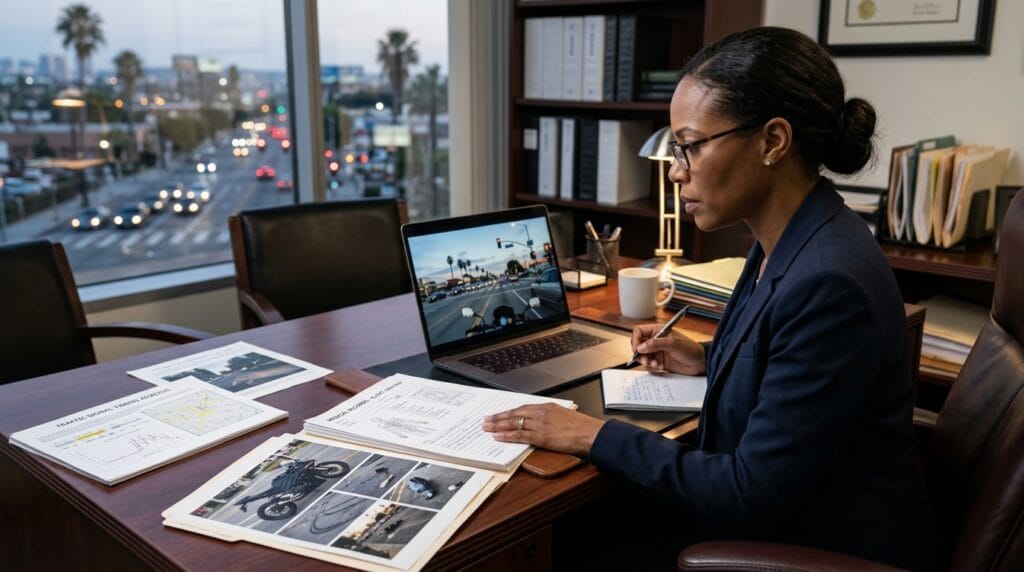Attorney reviewing helmet camera footage after a Los Angeles motorcycle accident