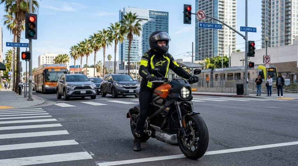 Electric motorcycle near Los Angeles intersection showing liability risks after e-motorcycle accidents.