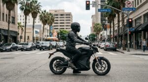High-powered electric motorcycle in Los Angeles traffic representing e-motorcycle accident risks.