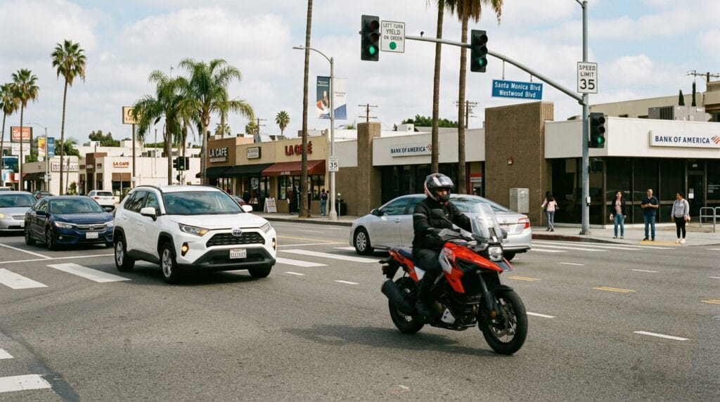 Los Angeles intersection showing how speeding motorcycle accidents can happen during left turns