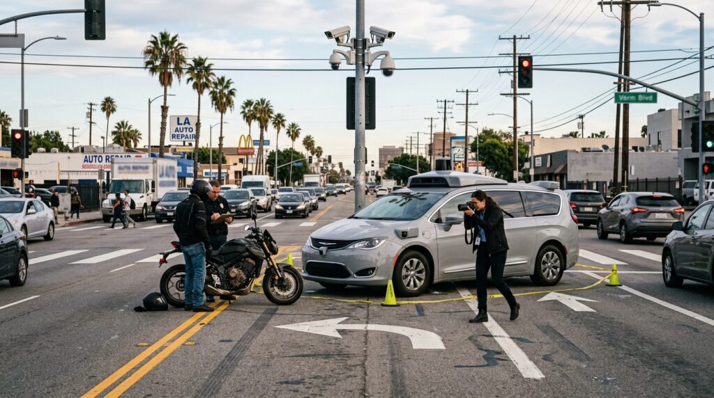 Los Angeles intersection investigation after a motorcycle crash involving an autonomous vehicle
