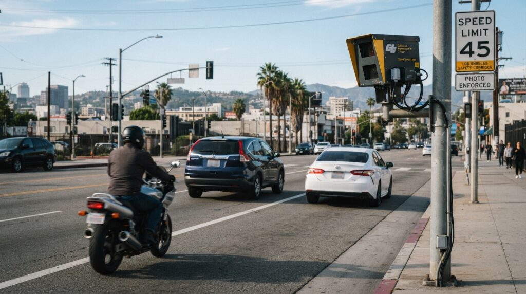 Los Angeles speed cameras recording rear license plates on a safety corridor
